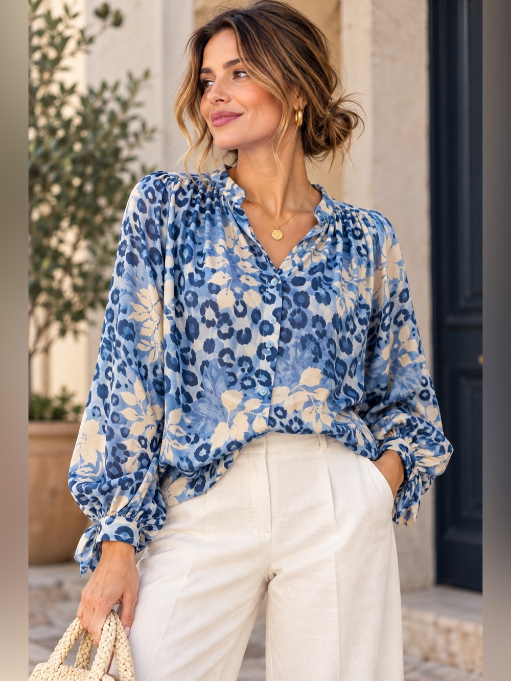 Farfalla Italy Silk Blend Blue Leopard Floral Blouse One Size Oversized